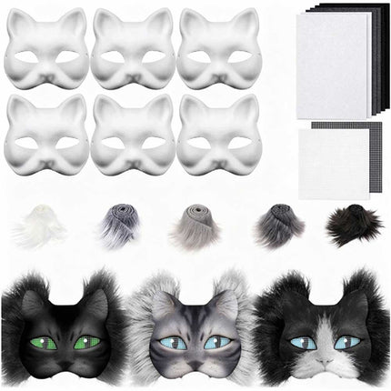 Therian Cat Mask DIY Paint Kit with Wool Strips, Faux Fur Mask for Adult Halloween Cosplay Party