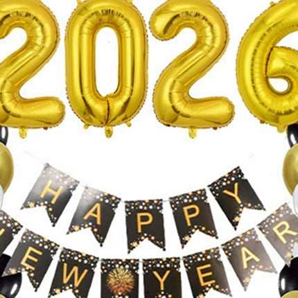 Large Happy New Year 2026 Balloons Set NYE Party Decorations 2026