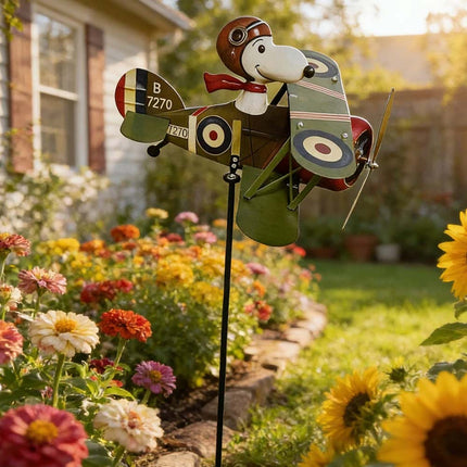 Cartoon Pilot Biplane Wind Spinner – Vintage Metal Windmill for Outdoor Garden & Yard Art Decor
