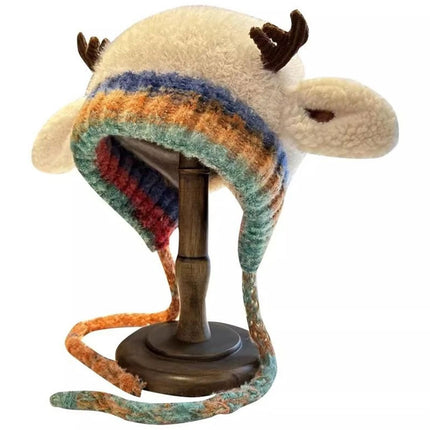2-in-1 Festive Reindeer Antler Knit Beanie Convertible Hat & Pouch