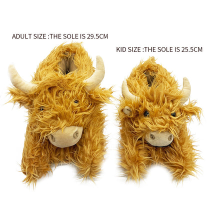 Highland Cow Slippers – Novelty Fluffy Plush Warm Animal Slippers (Adult & Kid Sizes)