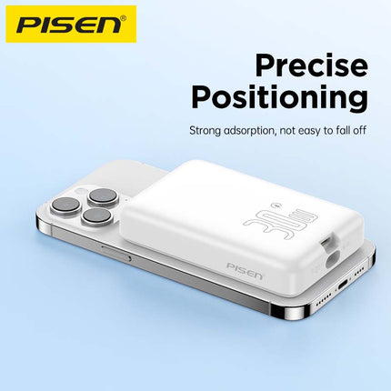 PISEN 10000mAh 30W Magnetic Wireless Power Bank, PD QC3.0 Fast Charging with Foldable Stand