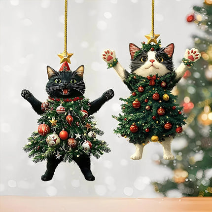 2x Cute Cat Acrylic Hanging Ornaments - Christmas Tree Pendants & Holiday Decor