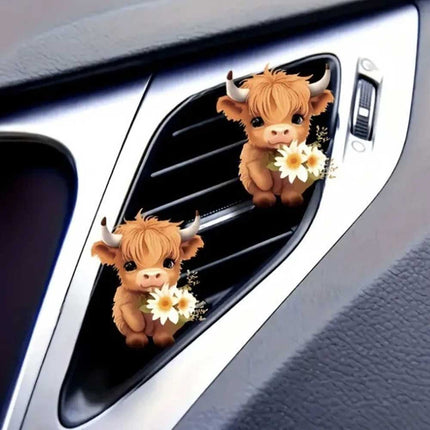 2-Pack Highland Cow Car Air Fresheners Cute Acrylic Vent Clips with Floral Accents