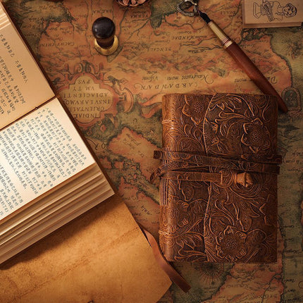 Vintage Leather Bound Journal - Handmade Carved Brown Leather Writing Notebook for Daily Use
