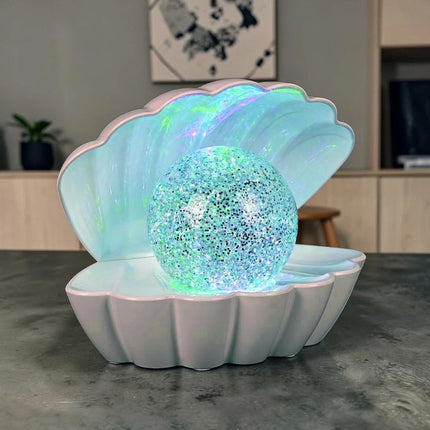 7 Colour Changing LED Clam Shell Mood Light White Glitter Table Lamp