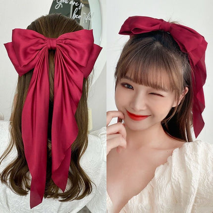 Korean Style Long Satin Bow Hair Clip, Premium Fabric Zinc Alloy Spring Barrette, Elegant Hair Accessory for Women & Girls