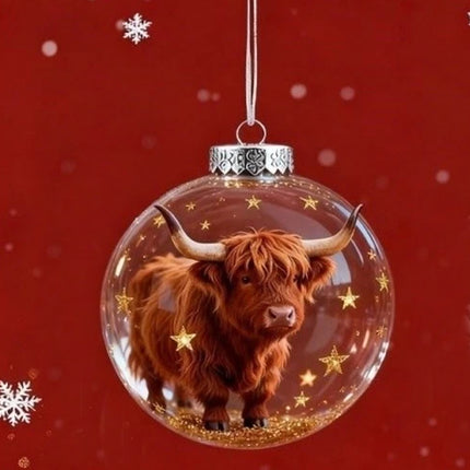 2X Christmas Tree Ornaments - Highland Cow Wildlife Animal Acrylic Ball Style for Home Xmas Decor