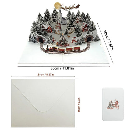 Enchanting 3D Pop-Up Christmas Village Greeting Card – Snowman, Reindeer & Festive Fir Trees