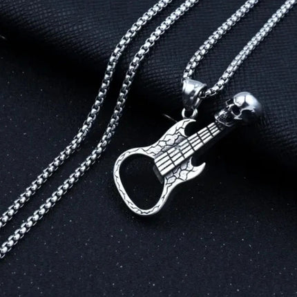 Hip Hop Biker Skull Guitar Pendant Necklace - Stainless Steel Rock Music Style Gift