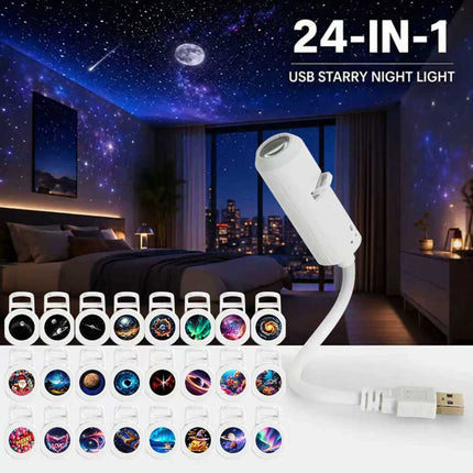 24-in-1 5D Galaxy Star Projector, Starry Sky Night Lamp with 24 Films, 360° Ceiling Projection, USB
