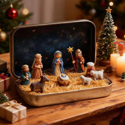 Portable Pocket Nativity Scene 3D High-Quality Mini Christmas Decor in Tin Box