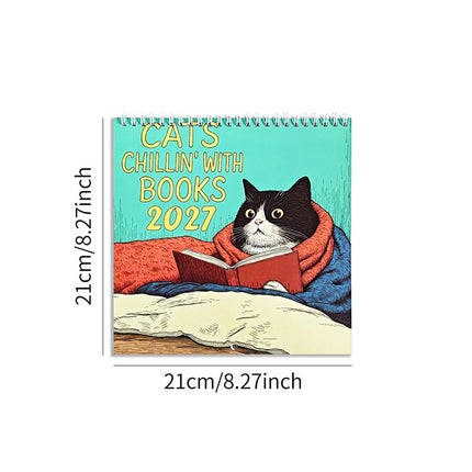 2027 Cats Chillin' with Books Wall Calendar, Cat Art Monthly Planner