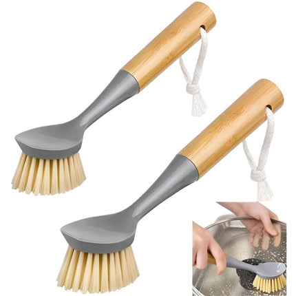 2pcs Kitchen Pan Dish Brush Washing Up Bamboo Handle Bathtub Cleaning Scrub Tool