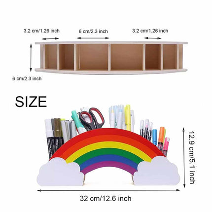 Rainbow Wooden Desk Organiser, DIY Pen & Pencil Holder with Phone Storage Compartment