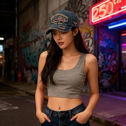 250th US Anniversary Denim Baseball Cap – 1776–2026 Patriotic Simulation Print