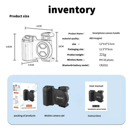 Clip Style Bluetooth Phone Camera Handle Grip, Portable Selfie Stabilizer with Remote Shutter