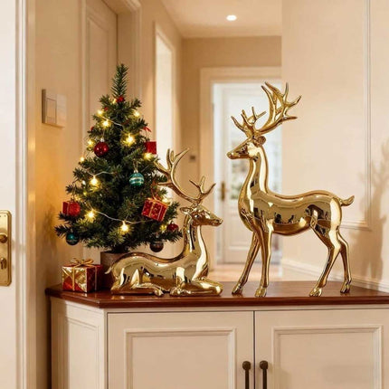 2Pcs Gold Reindeer Christmas Figurines - Indoor Holiday Decor Table Centerpieces
