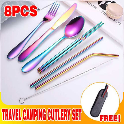 8PCS Portable Color Stainless Steel Tableware Dinnerware Travel Camping Cutlery Set
