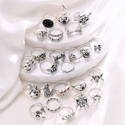 24 Pcs Gothic Skeleton Stackable Ring Set, Punk Grunge Unisex Street‑Style Jewellery Gift