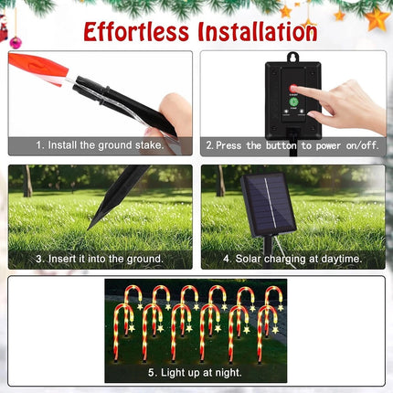 5IN1 Christmas Red LED Cane Lights Solar-Powered Outdoor Candy Path Garden Decoration