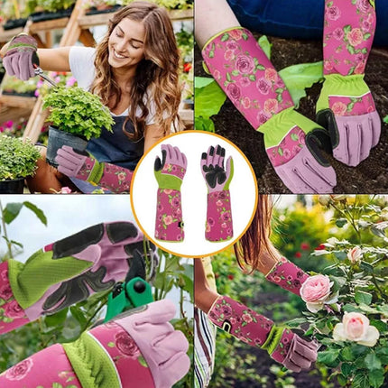 Ladies Long Sleeve Gardening Gloves - Thorn Proof Leather Gauntlet Garden