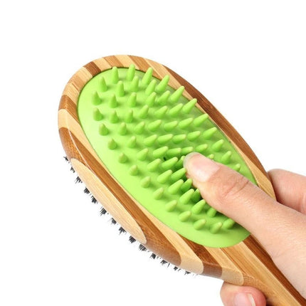 Double Sided Bamboo Dog Brush with Silicone Massager for Dog Grooming