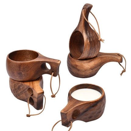 Portable Wooden Coffee Mug with Acacia Handle & Cowhide Lanyard Hook
