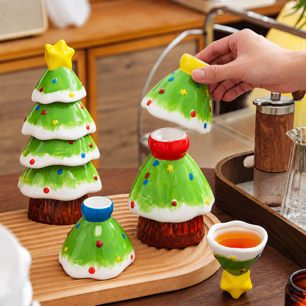 5‑Piece Christmas Tree Stackable Ceramic Tea Cup Set, Hand‑Painted Xmas Coffee Cups, Christmas Gift