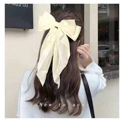 Korean Style Long Satin Bow Hair Clip, Premium Fabric Zinc Alloy Spring Barrette, Elegant Hair Accessory for Women & Girls