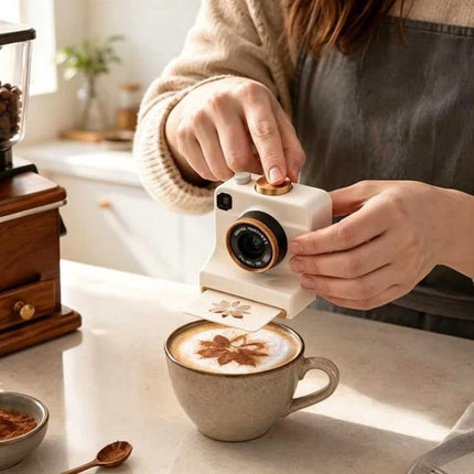 3D‑Printed Latte Art Camera, Coffee Powder Decorator with Interchangeable Stencil Cards