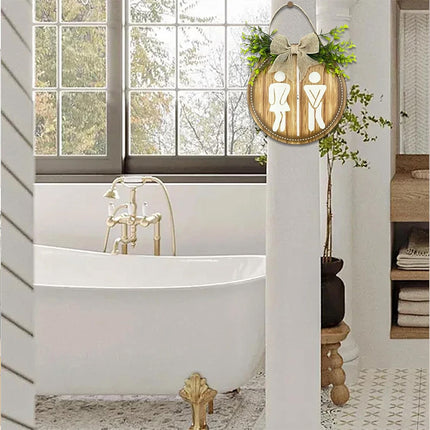 Rustic Round Wooden Toilet Sign 23CM Hanging Gender Door Plaque Bathroom Wall Home Decor