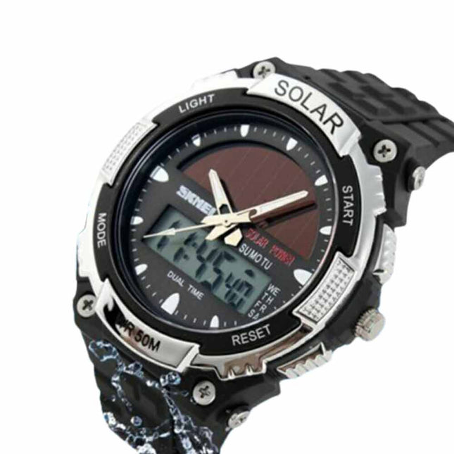 Men's Solar Power Sport Dual Time LED Digital Waterproof Analog Quartz Watch