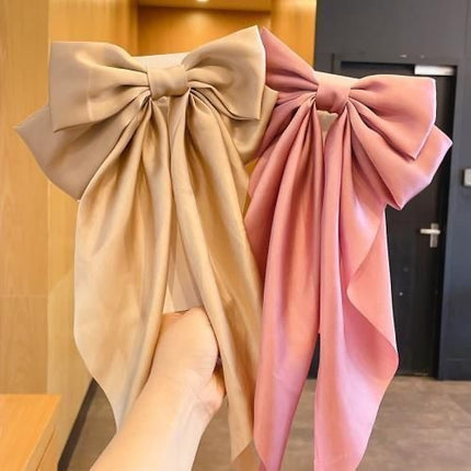 Korean Style Long Satin Bow Hair Clip, Premium Fabric Zinc Alloy Spring Barrette, Elegant Hair Accessory for Women & Girls