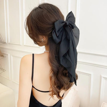 Korean Style Long Satin Bow Hair Clip, Premium Fabric Zinc Alloy Spring Barrette, Elegant Hair Accessory for Women & Girls