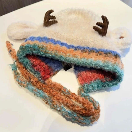 2-in-1 Festive Reindeer Antler Knit Beanie Convertible Hat & Pouch