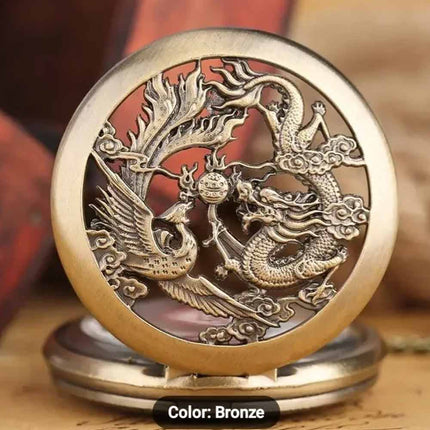 Dragon and phoenix Vintage Quartz Bronze Pocket Watch with Chain
