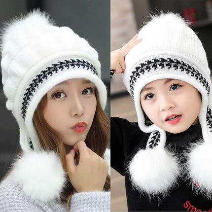 Women’s & Kids’ Knitted Beanie with Ear Flaps and Pom-Pom – Warm Winter Ski Cap, White