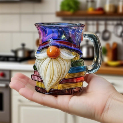 Glass 3D Painted Gnome Book Mug  Stack Coffee Cup Novelty Room Home Decor