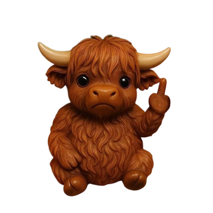 Lifelike Mini Highland Cow Middle Finger Resin Figurine - Realistic Animal Statue, Unique Ornament for Home Decor