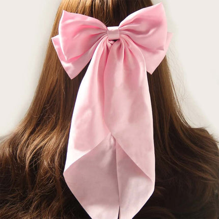 Korean Style Long Satin Bow Hair Clip, Premium Fabric Zinc Alloy Spring Barrette, Elegant Hair Accessory for Women & Girls