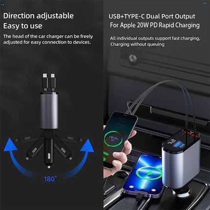 USB Car Charger 4 in 1 Car Charger Adapter Fast Charging with Type C+ For iPhone