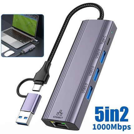1000Mbps 5-in-2 Type-C to USB 3.0 Ethernet RJ45 LAN Gigabit Adapter