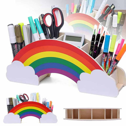 Rainbow Wooden Desk Organiser, DIY Pen & Pencil Holder with Phone Storage Compartment