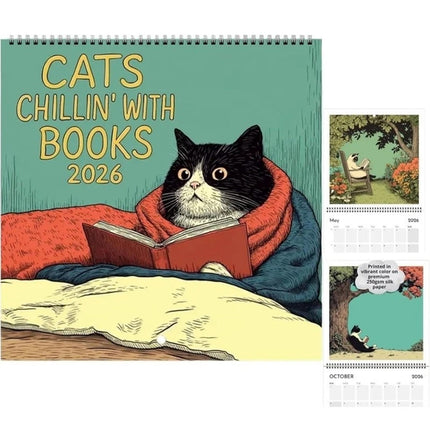 Cats Chillin' with Books Wall Calendar 2026 Cat-Themed Illustrations Planner