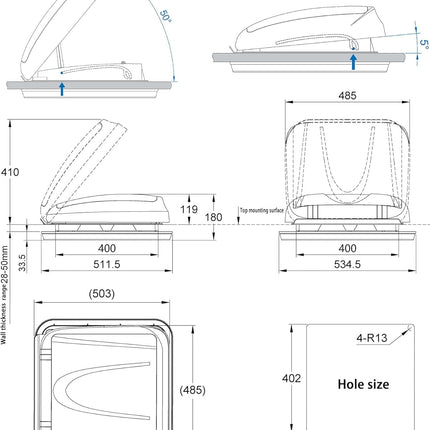 Caravan Motorhomes RV Roof Hatch Skylight 400X400 With Blind And LED Light