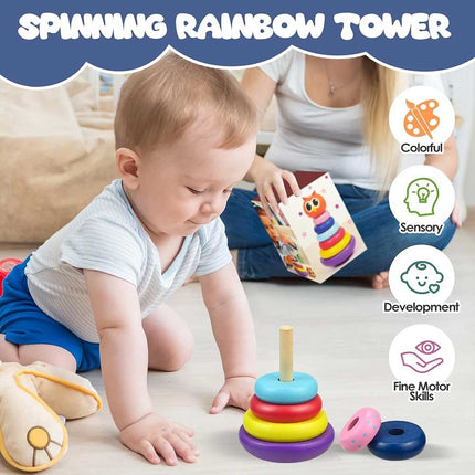 Wooden Owl Tumbler Stacking Rings, Rainbow Spinning Tower