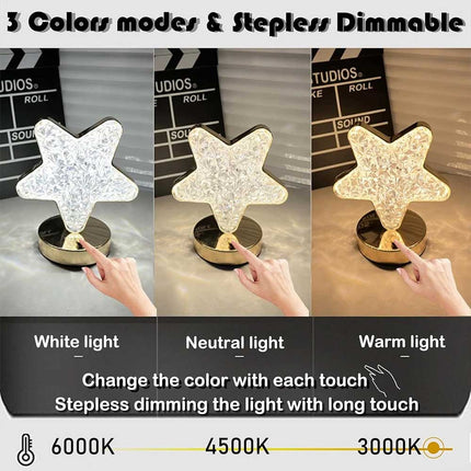 Star LED Night Light, USB Rechargeable Crystal Table Lamp with Touch Control & Dimmable Brightness