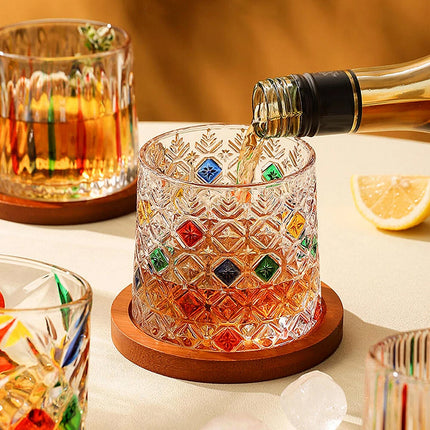 Colored Crystal Whiskey Glass Set with Snowflake Design - Elegant Holder for Bourbon, Tequila & Cocktails, Perfect Gift