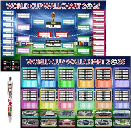 2Pcs 2026 World Cup Football Wall Chart, 87×58CM Foldable Match Schedule Poster